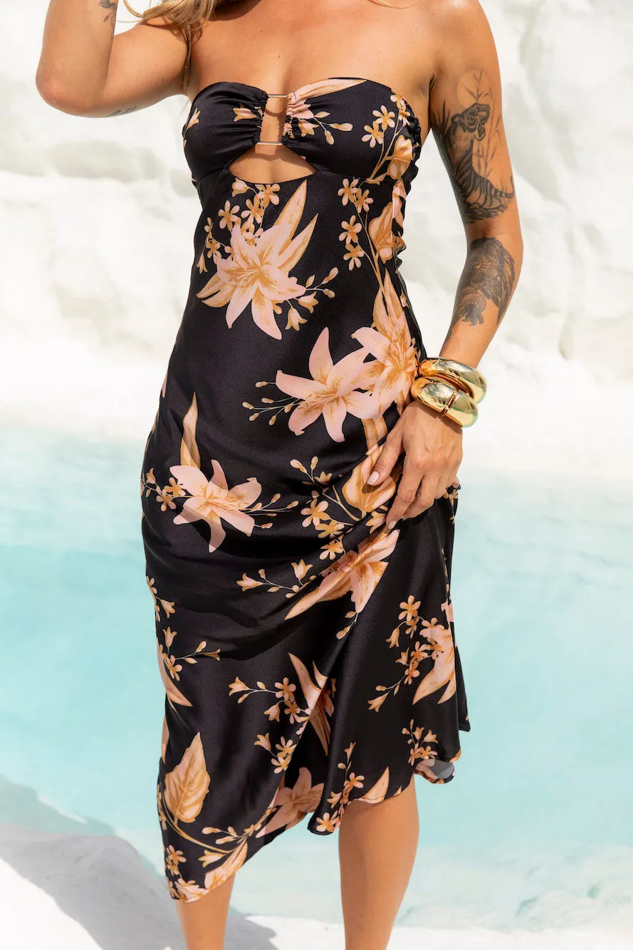 Harvesting Dreams Strapless Satin Maxi Dress Black