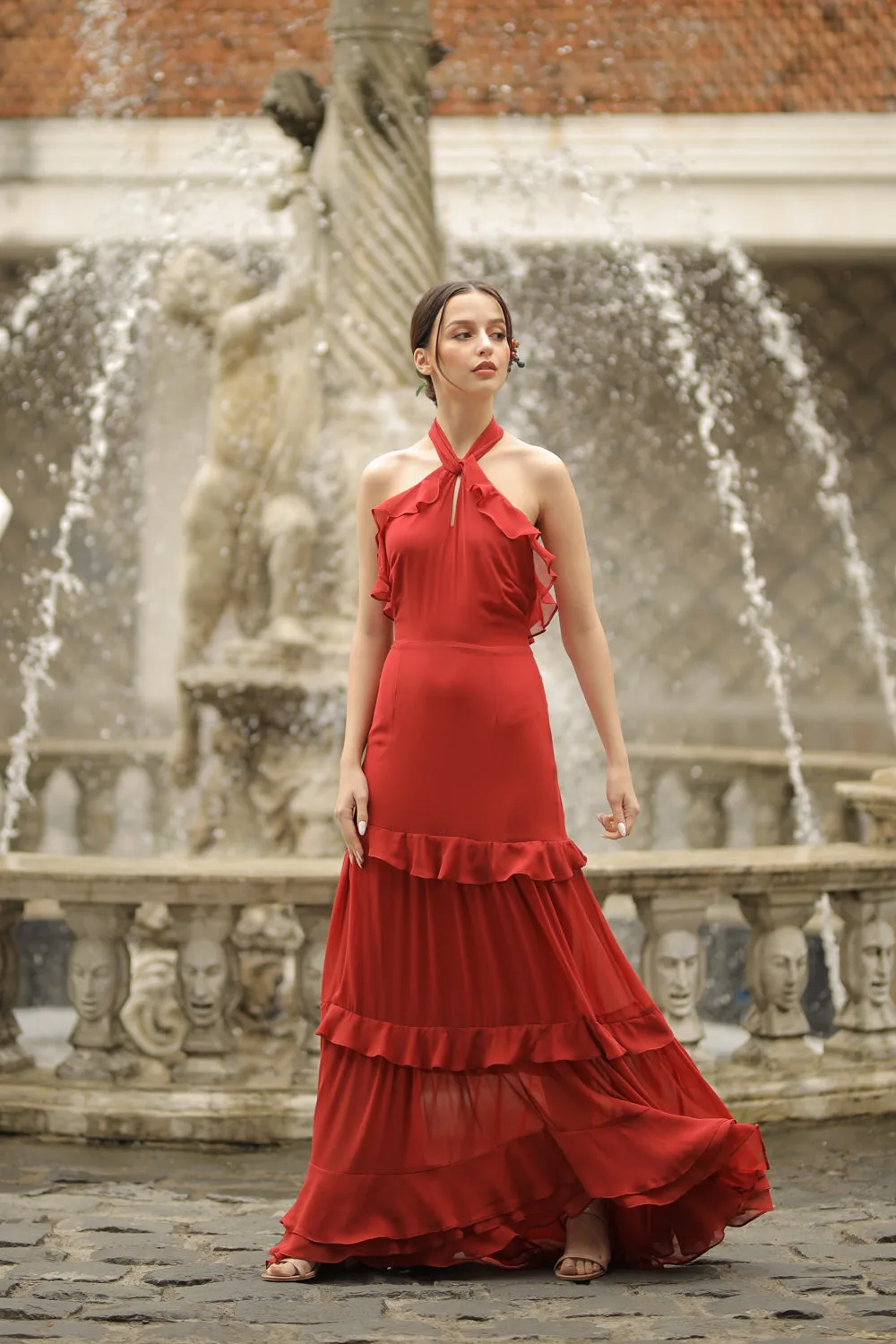 HERMOSA Chiffon Maxi with Layered Ruffles and Tie Back (Red Orange Chiffon)