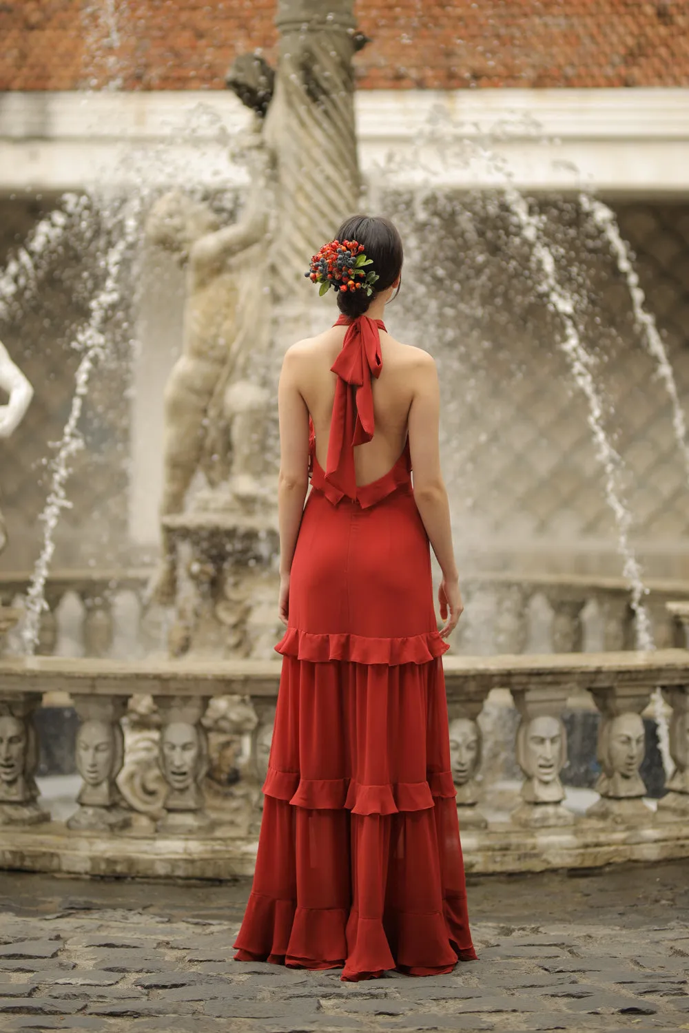 HERMOSA Chiffon Maxi with Layered Ruffles and Tie Back (Red Orange Chiffon)