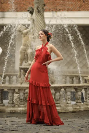 HERMOSA Chiffon Maxi with Layered Ruffles and Tie Back (Red Orange Chiffon)