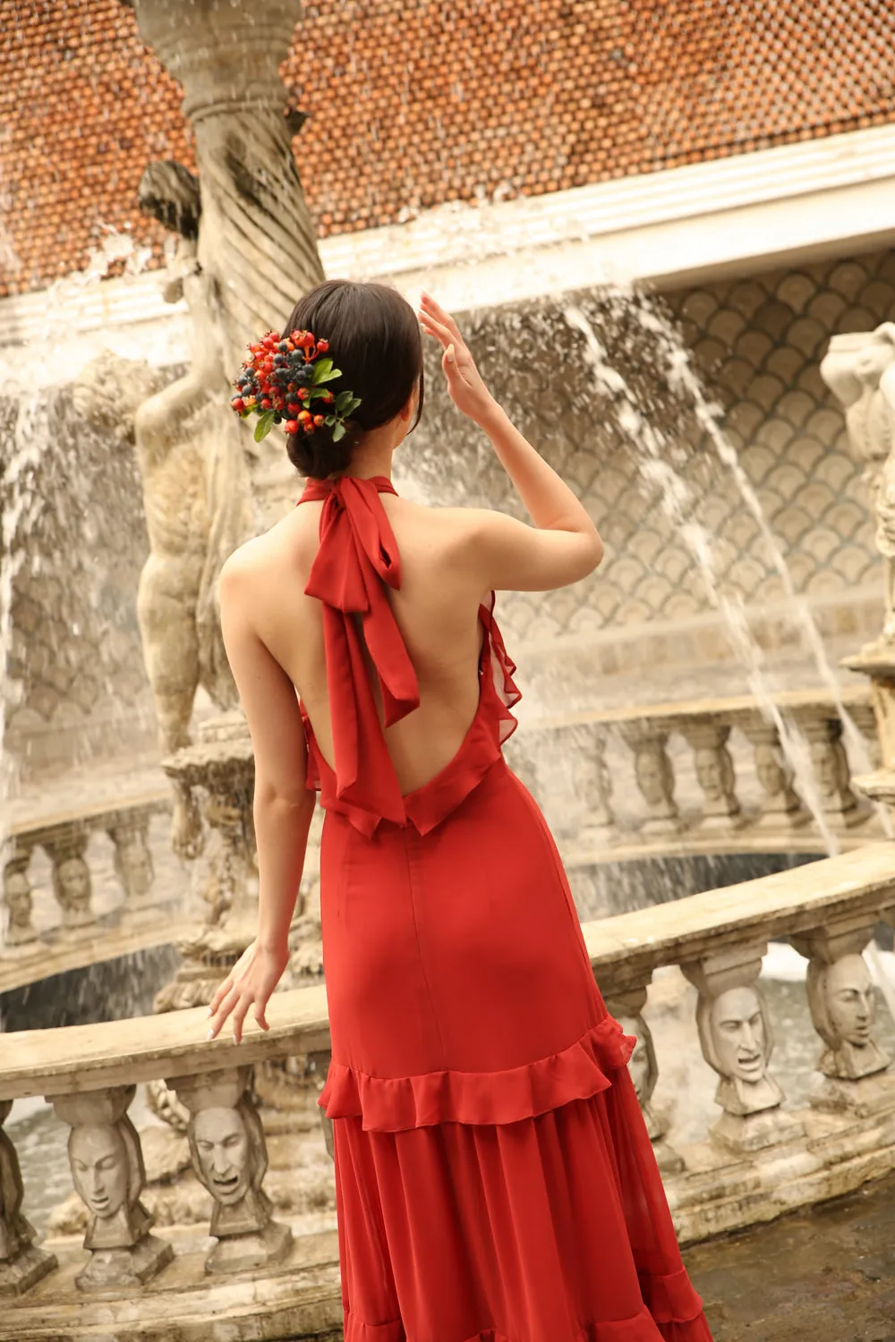 HERMOSA Chiffon Maxi with Layered Ruffles and Tie Back (Red Orange Chiffon)