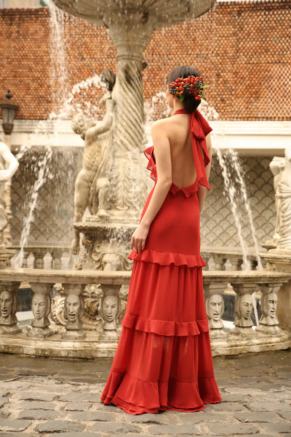 HERMOSA Chiffon Maxi with Layered Ruffles and Tie Back (Red Orange Chiffon)