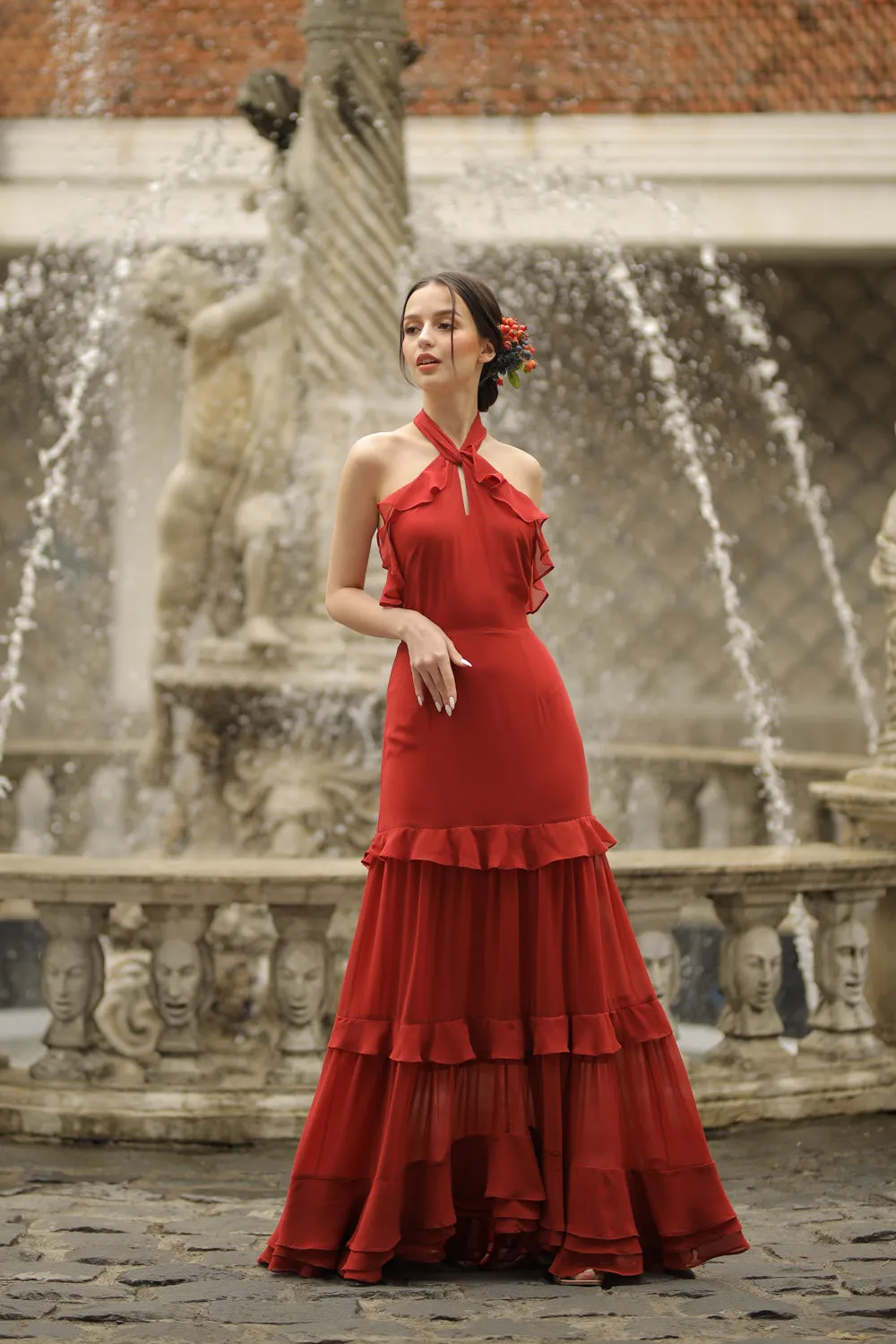 HERMOSA Chiffon Maxi with Layered Ruffles and Tie Back (Red Orange Chiffon)
