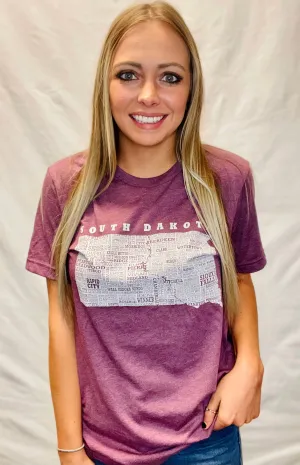 Hometown South Dakota Short Sleeve Tee Shirt-Crew Neck - Heather Maroon