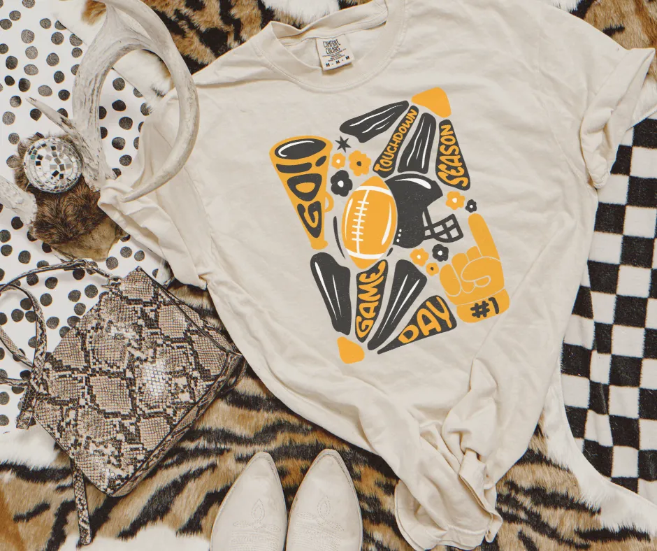 Iowa Black & Gold Hand Drawn Football Abstract Flower Art Ivory Tee