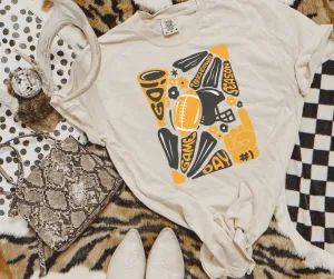 Iowa Black & Gold Hand Drawn Football Abstract Flower Art Ivory Tee