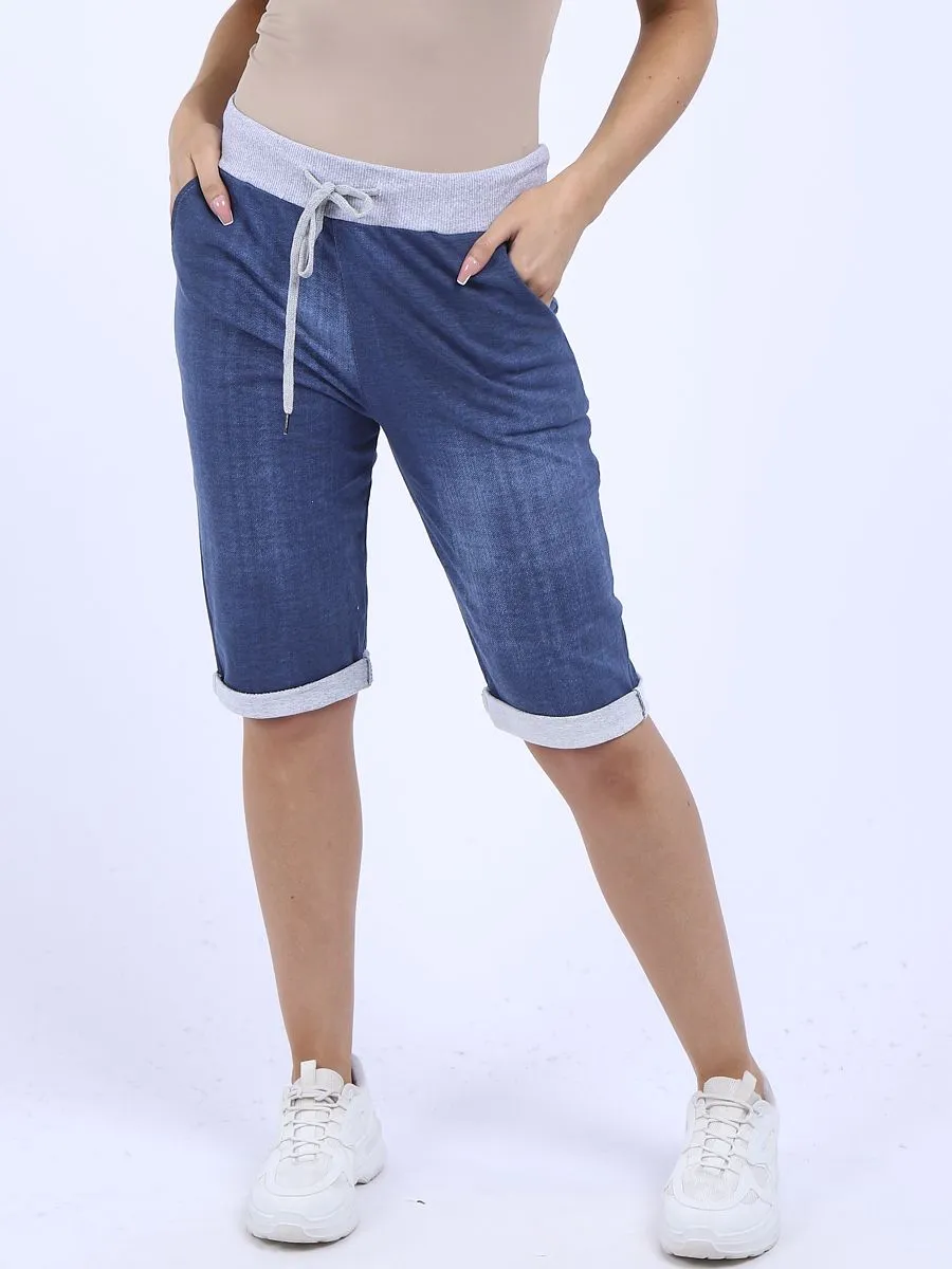 Italian Stretch Cotton Shorts Denim Look Blue