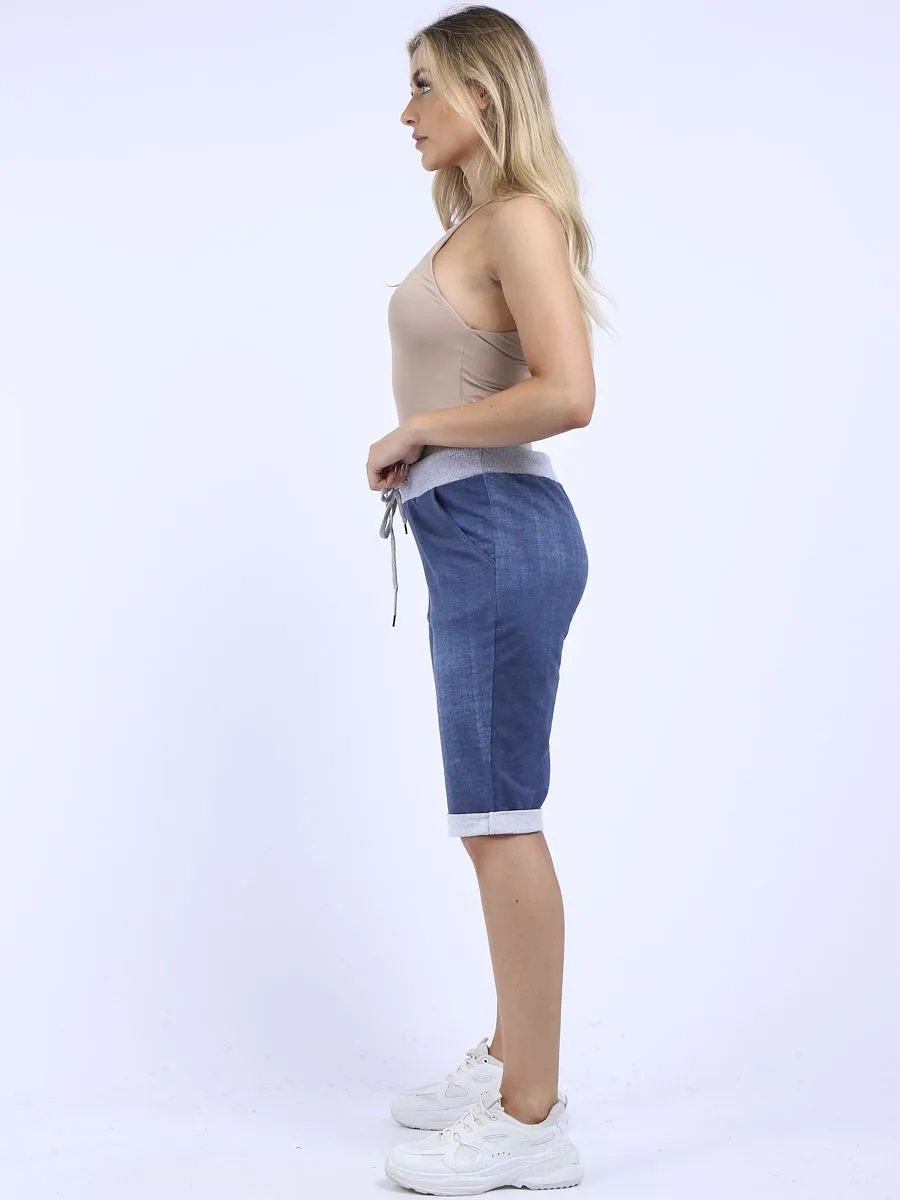 Italian Stretch Cotton Shorts Denim Look Blue