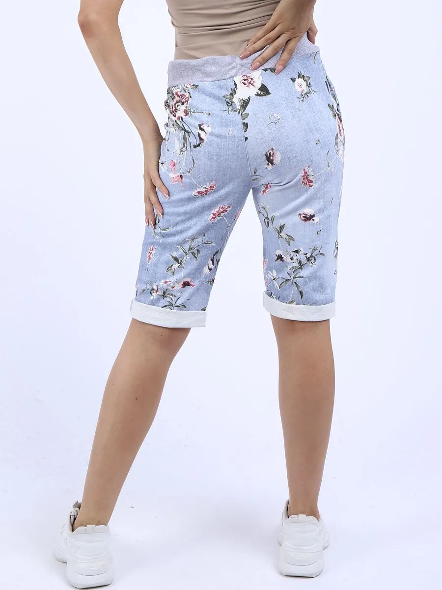 Italian Stretch Cotton Shorts Floral Light Blue