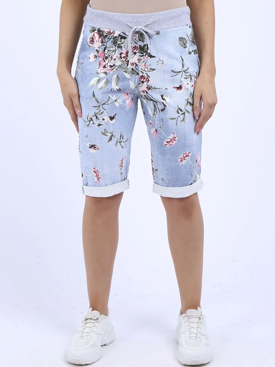 Italian Stretch Cotton Shorts Floral Light Blue