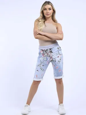 Italian Stretch Cotton Shorts Floral Light Blue