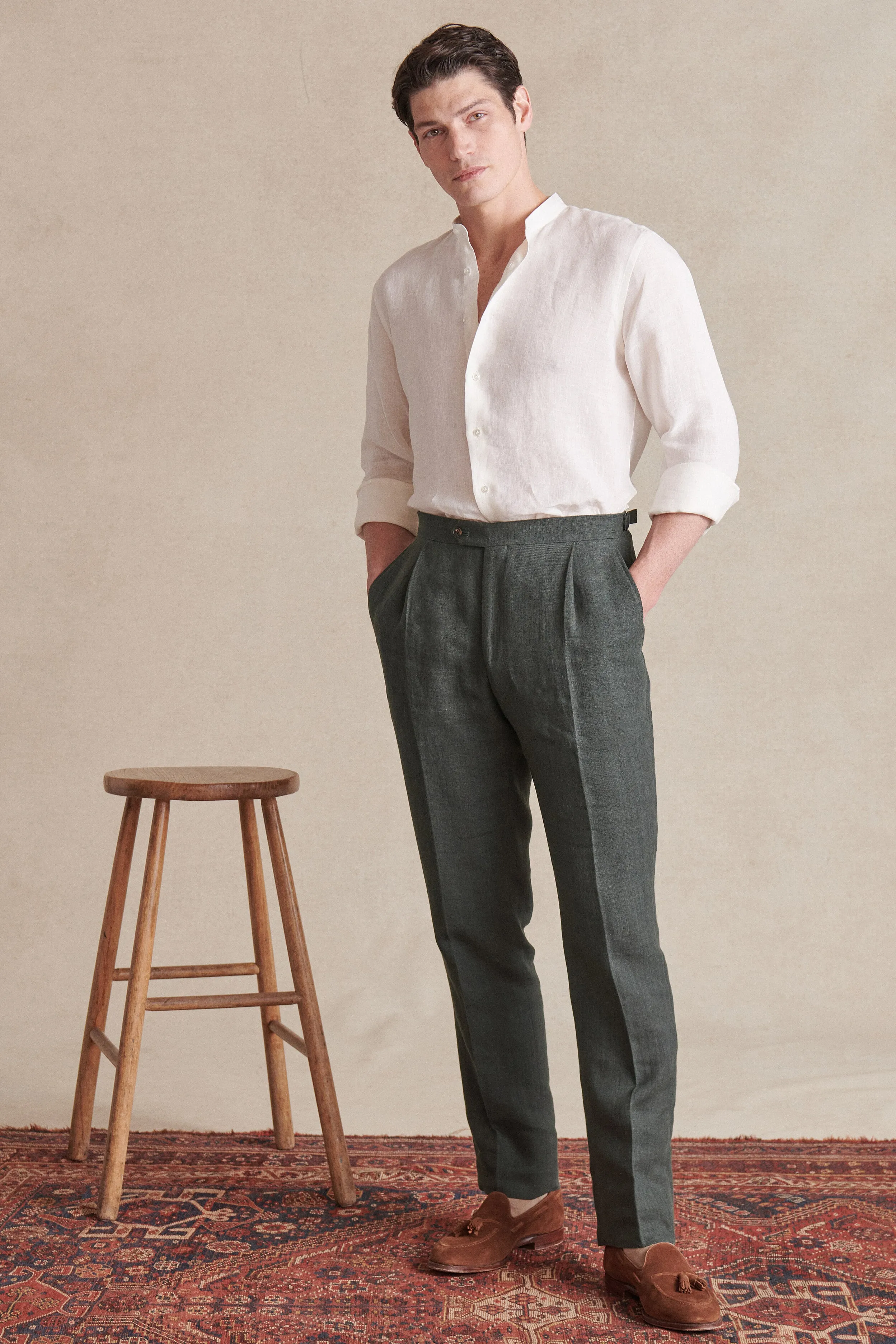 Ivory Neckband Collar Standard Fit Linen Shirt