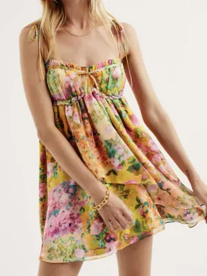 Lace-up Floral Mini Dress with Tie-Shoulder Straps