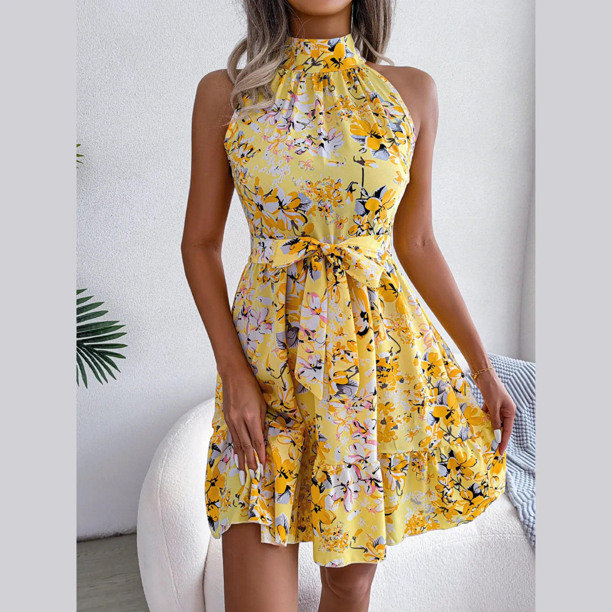 Ladonna - Yellow Floral Halter Neck A-Line Dress