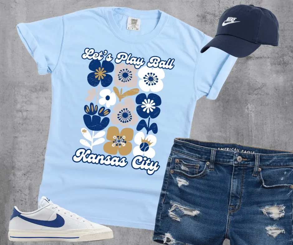 Let's Play Ball Kansas City Abstract Flowers Light Blue Tee