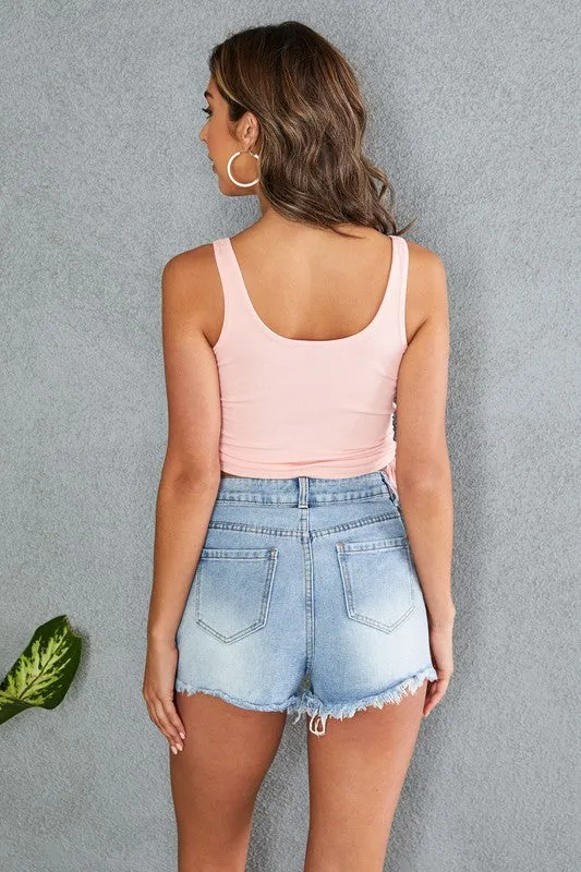 Light Denim Blue Distressed High Waist Italian Short Shorts 1/15/25 9526
