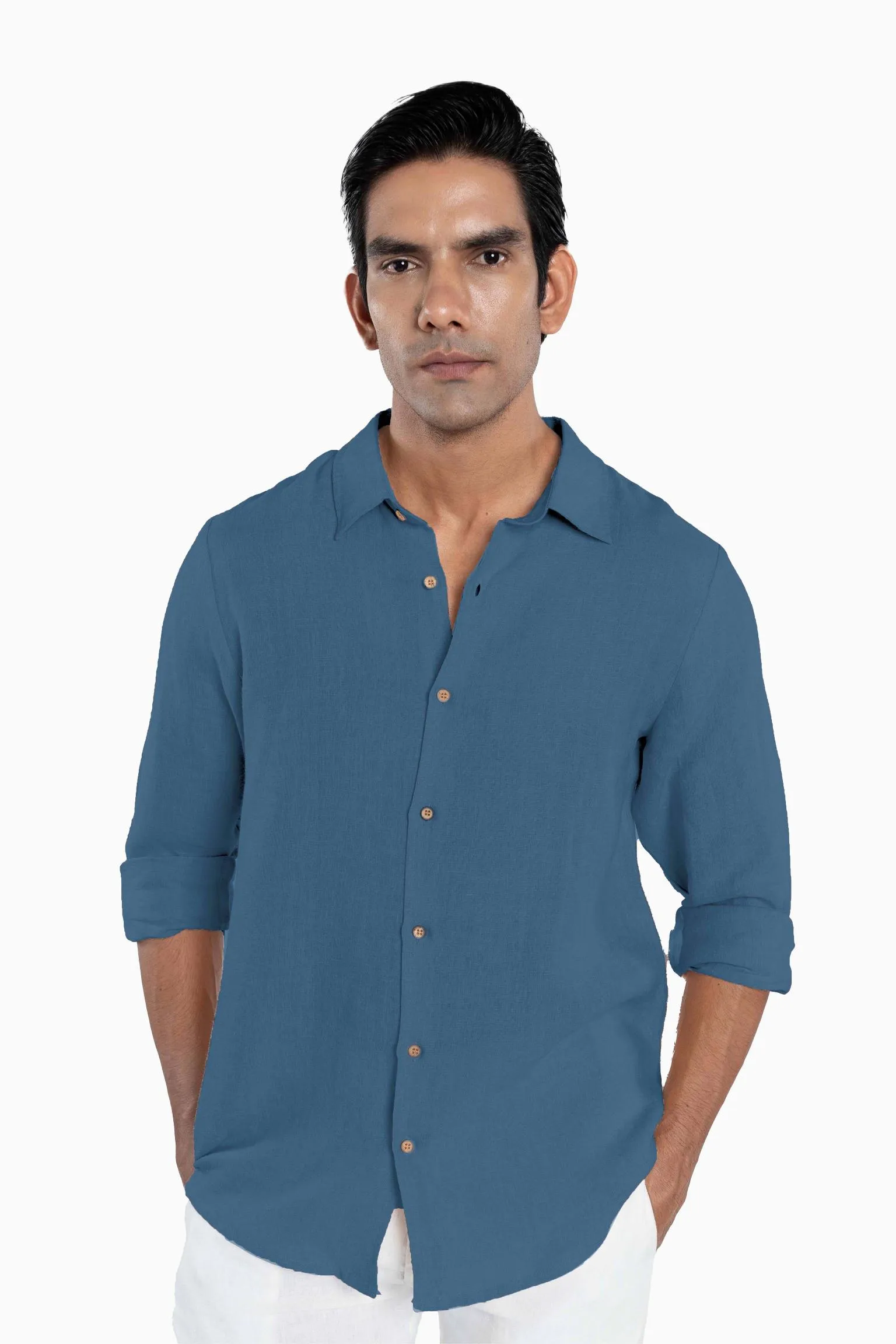 Linen Arlo Shirt-Midnight Green