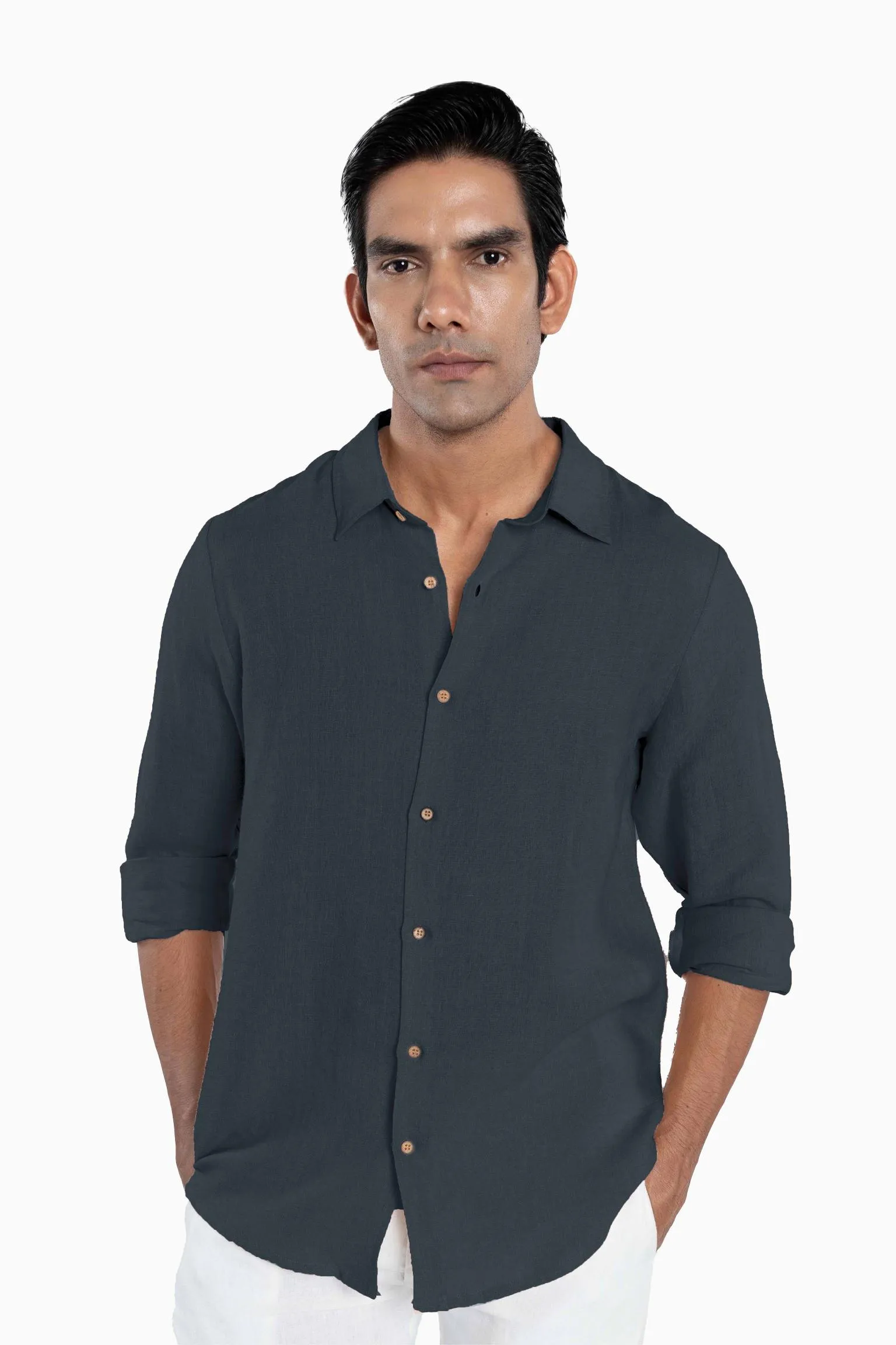 Linen Arlo Shirt-Midnight Green