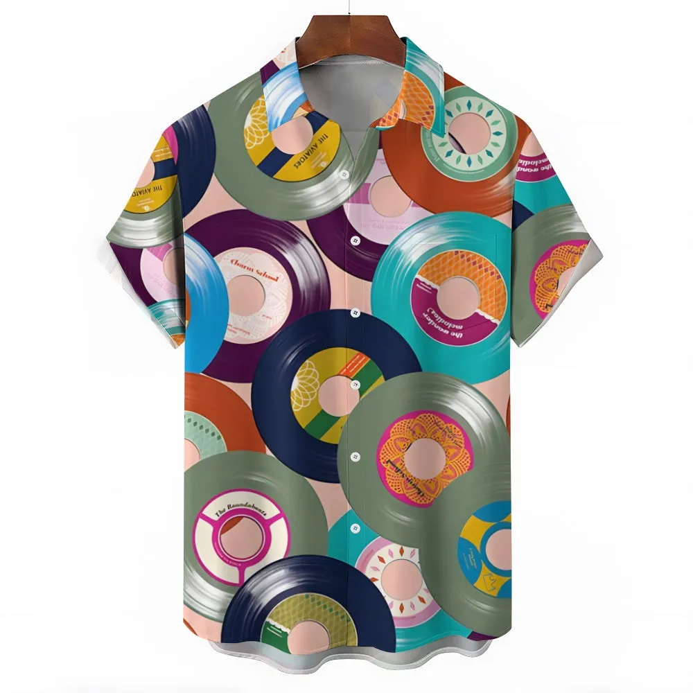 Men's Music Vinyl Record Linen Short Sleeve Shirt 2409010083