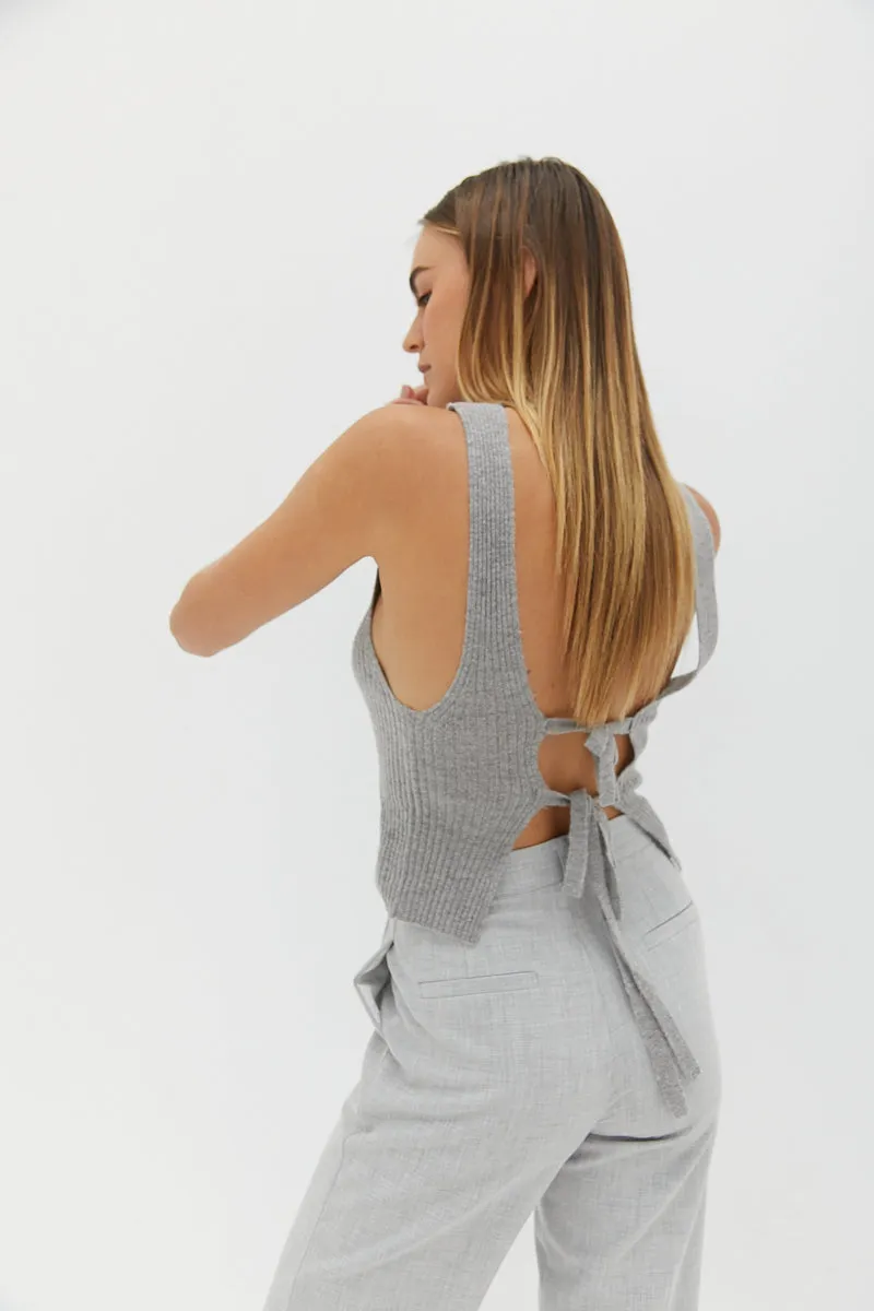 Mock Neck Tie Back Top - Grey