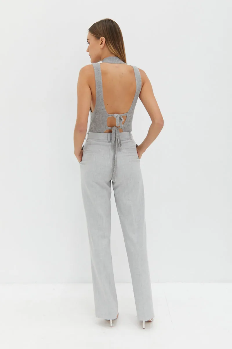 Mock Neck Tie Back Top - Grey