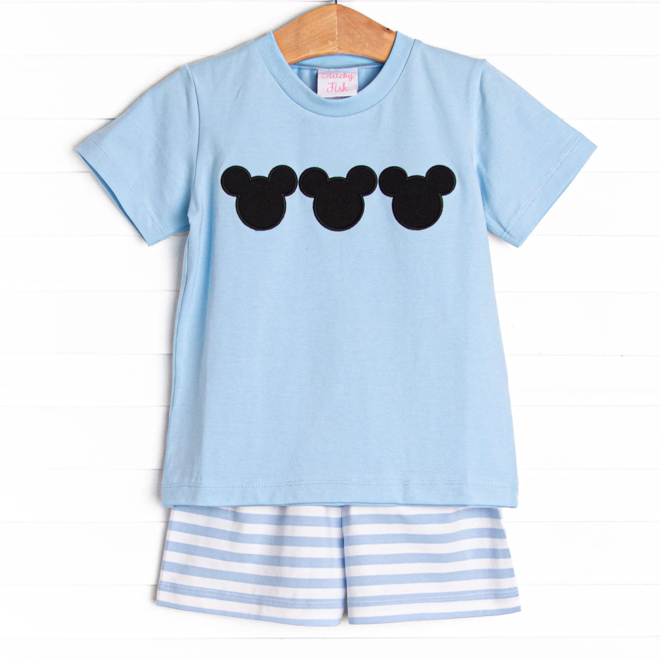 Mr. Mouse Applique Short Set, Blue Stripe
