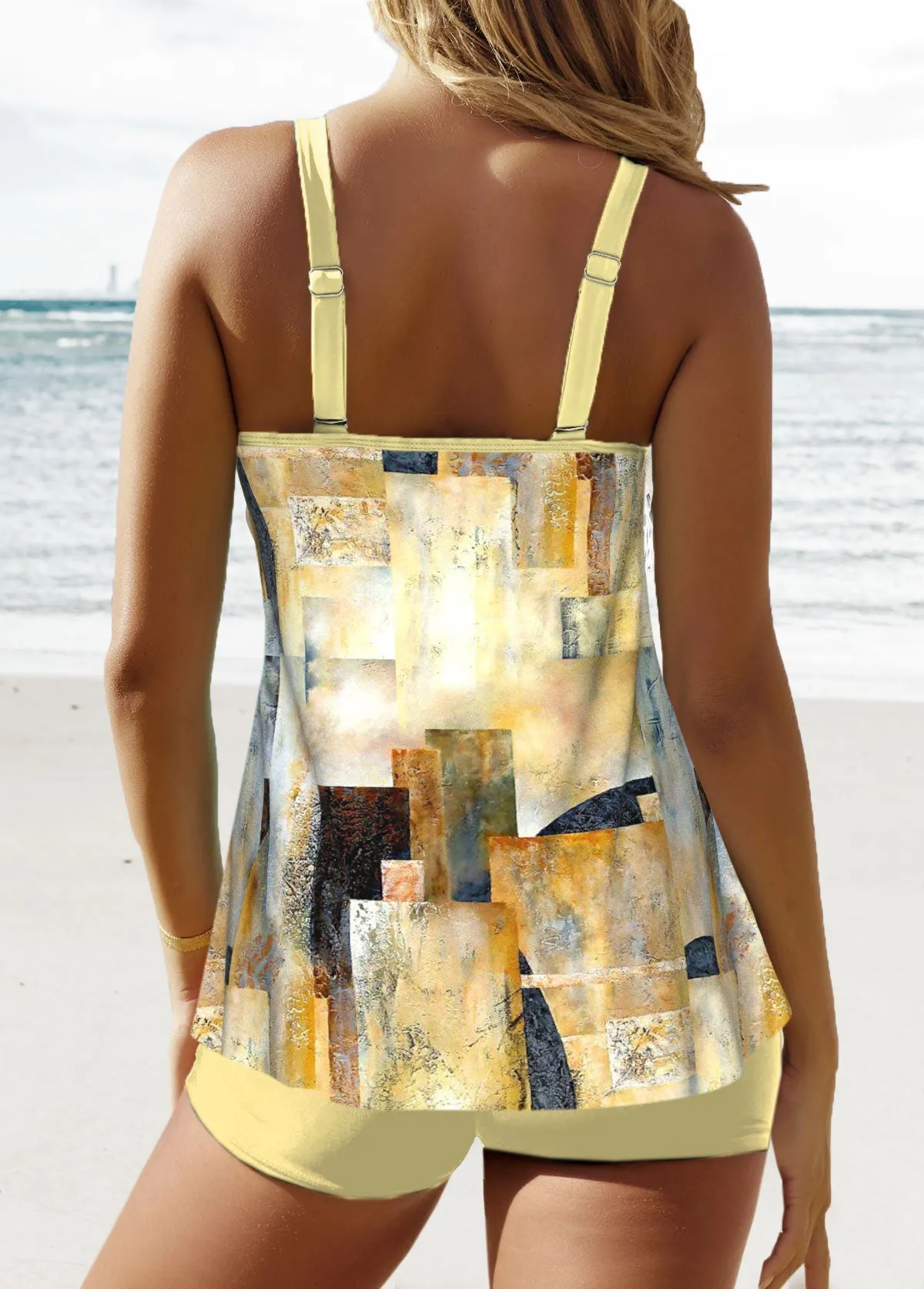 New MODLILY® Patchwork Geometric Print Light Yellow Tankini Set Sz 2X! Retails $59 