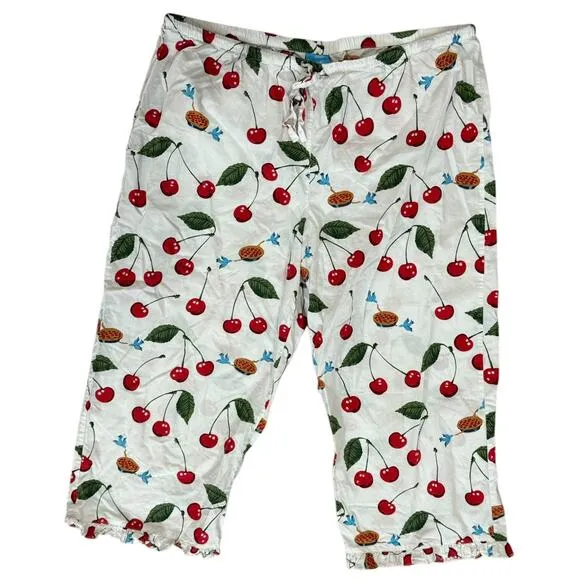 Nick And Nora Cropped Pajama Pants Women XXL Cherry Pie Birds Cotton Sleepwear