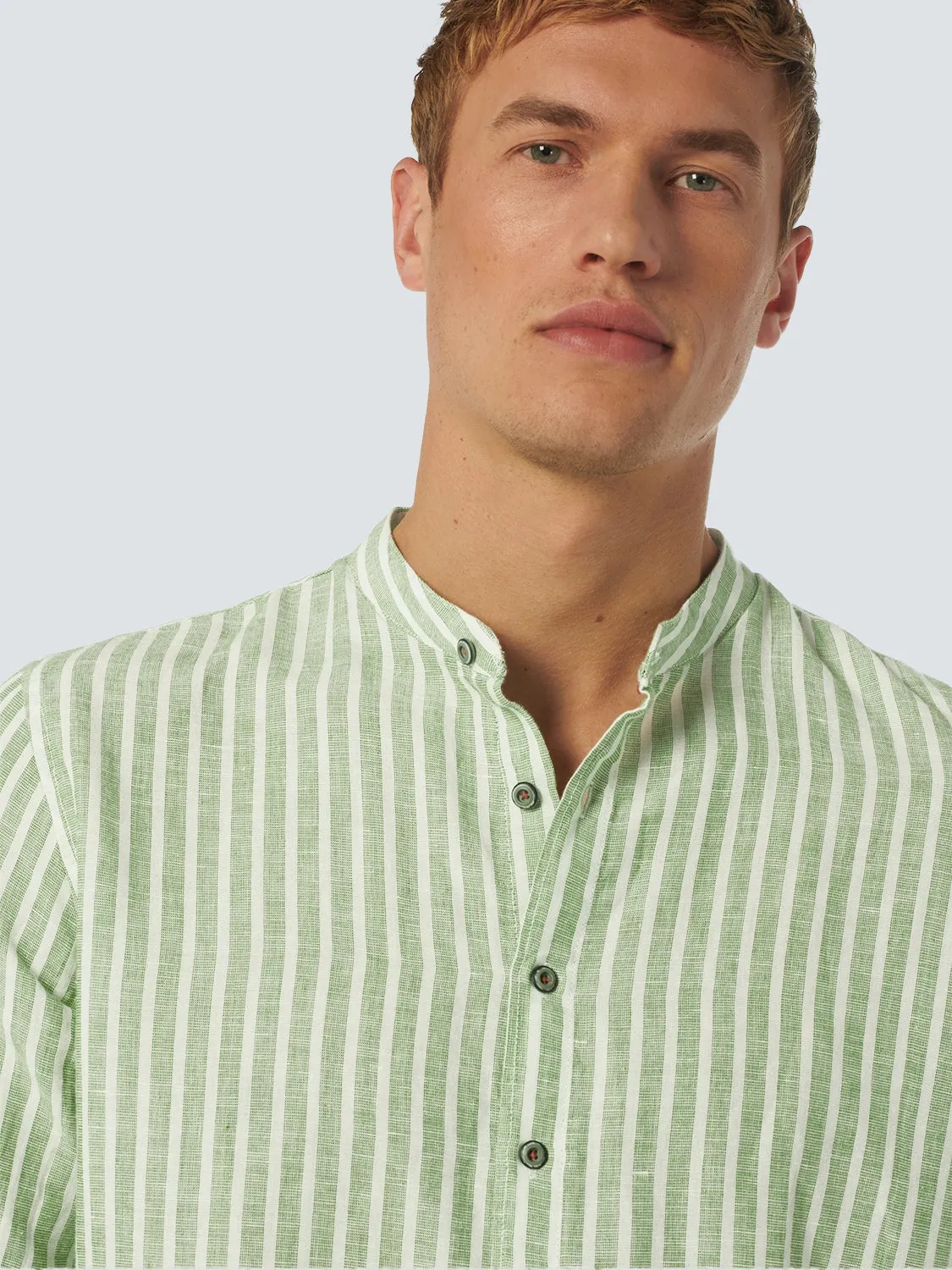 NO EXCESS LINEN BLEND WIDE STRIPE GRANDAD COLLAR L/S SHIRT 23450202