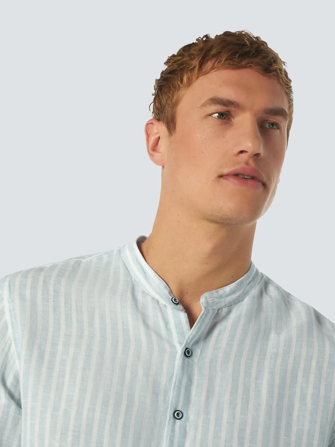 NO EXCESS LINEN BLEND WIDE STRIPE GRANDAD COLLAR L/S SHIRT 23450202