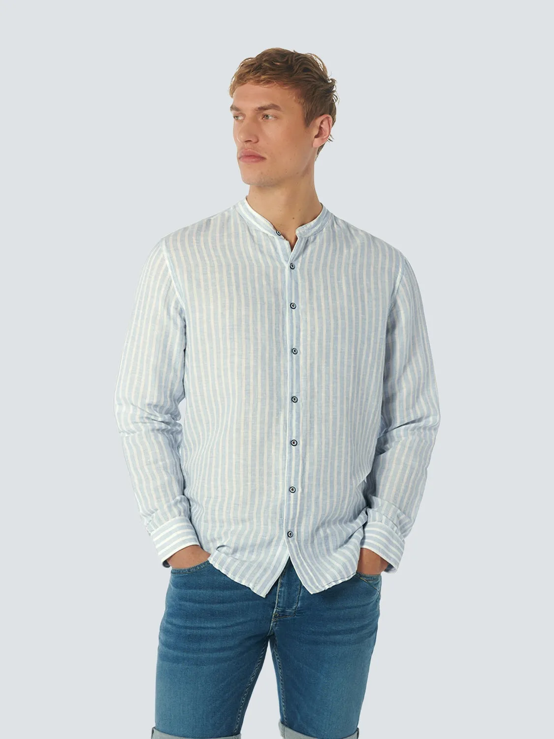 NO EXCESS LINEN BLEND WIDE STRIPE GRANDAD COLLAR L/S SHIRT 23450202