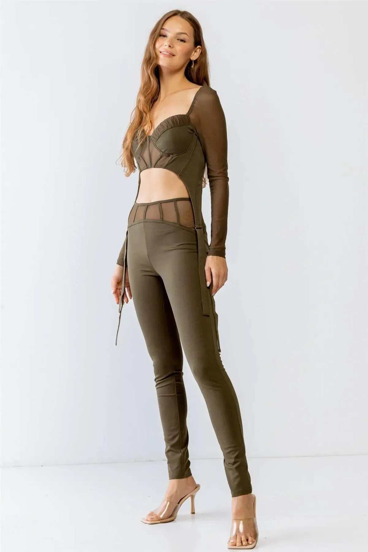Olive Rushed Bust Corset Mesh Long Sleeve Crop Top & High Waist Slim Fit Corset Detail Pants Set S-M-L/2-2-2