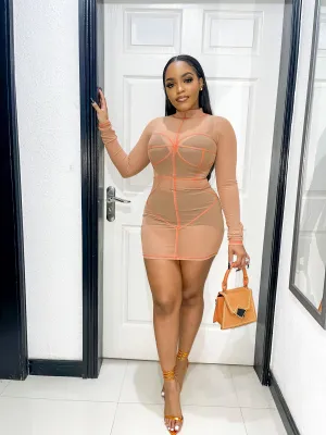 Orange Lined Mesh Dress