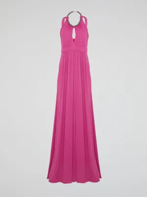 Pink Crystal Embellished Halter Neck Maxi Dress