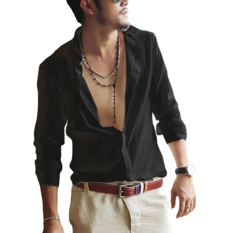 Plus Size Shirts Cotton Linen Men Shirt Long Sleeve Summer Style Hawaiian Shirts Sexy Slim Fit Men Clothes New Arrival C01