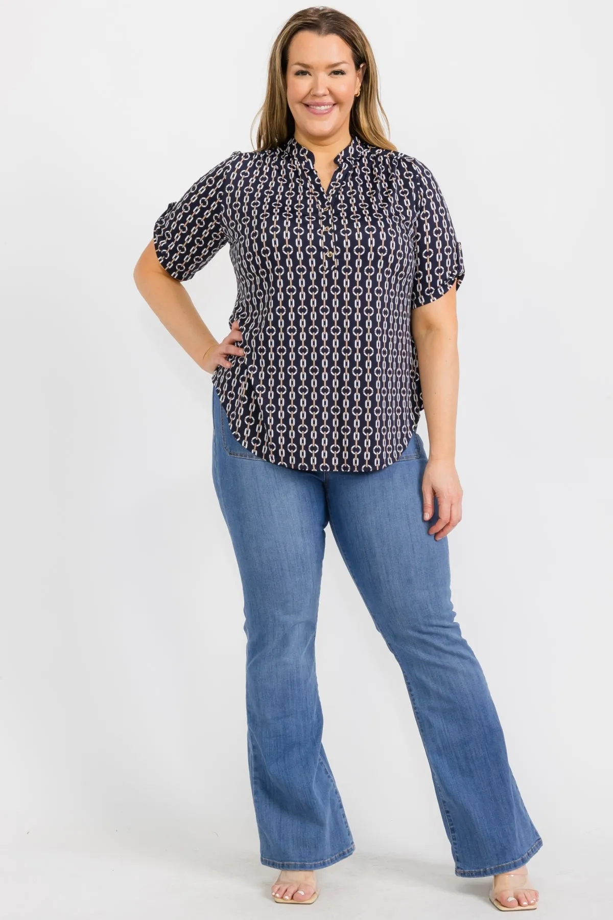 PLUS SOLID BUTTON HALF PLACKET ROLL TAB SLEEVE UTILITY SHIRTS TOP