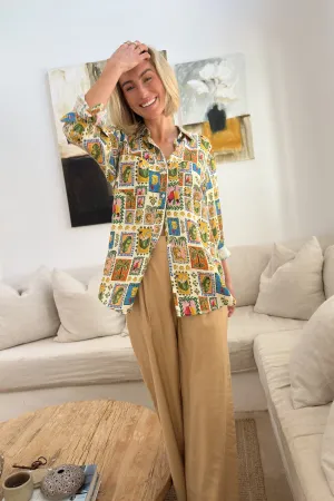 Postcard Print Boyfriend Linen Shirt