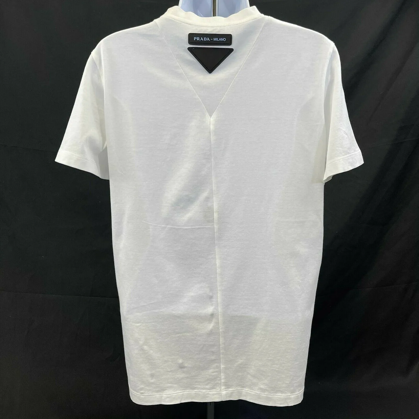 Prada - White T-Shirt with Rubber Patch Logo on Back at Top - Size Men US XS