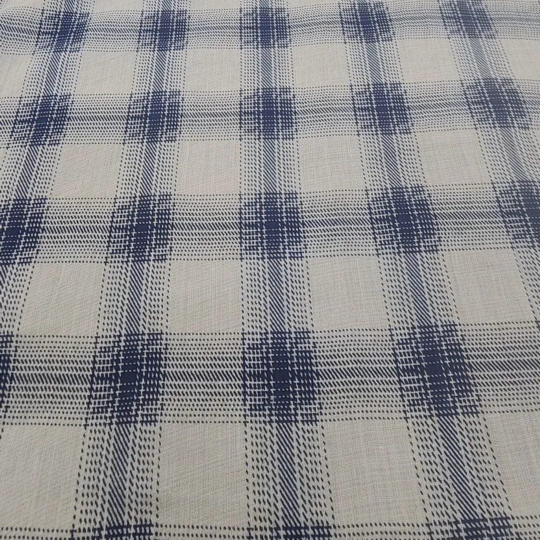 Printed Check Rayon Linen Fabric 150cm Beige/Blue