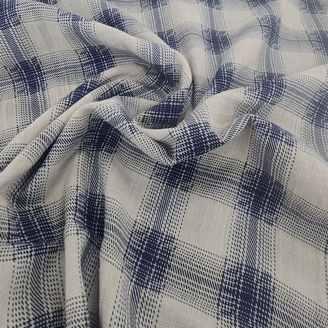 Printed Check Rayon Linen Fabric 150cm Beige/Blue