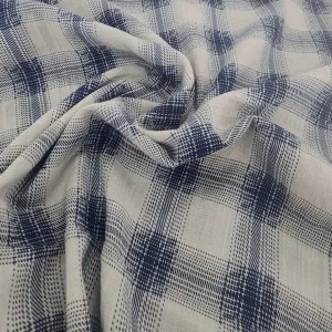 Printed Check Rayon Linen Fabric 150cm Beige/Blue