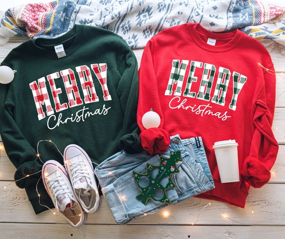 Red & White Plaid Merry Christmas FOREST GREEN Sweatshirt or Tshirt (FINAL SALE)