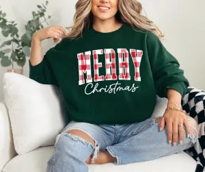 Red & White Plaid Merry Christmas FOREST GREEN Sweatshirt or Tshirt (FINAL SALE)