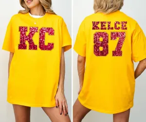 Red Faux Glitter KC Front & KELCE 87 Back Gold Tee (FRONT/BACK)