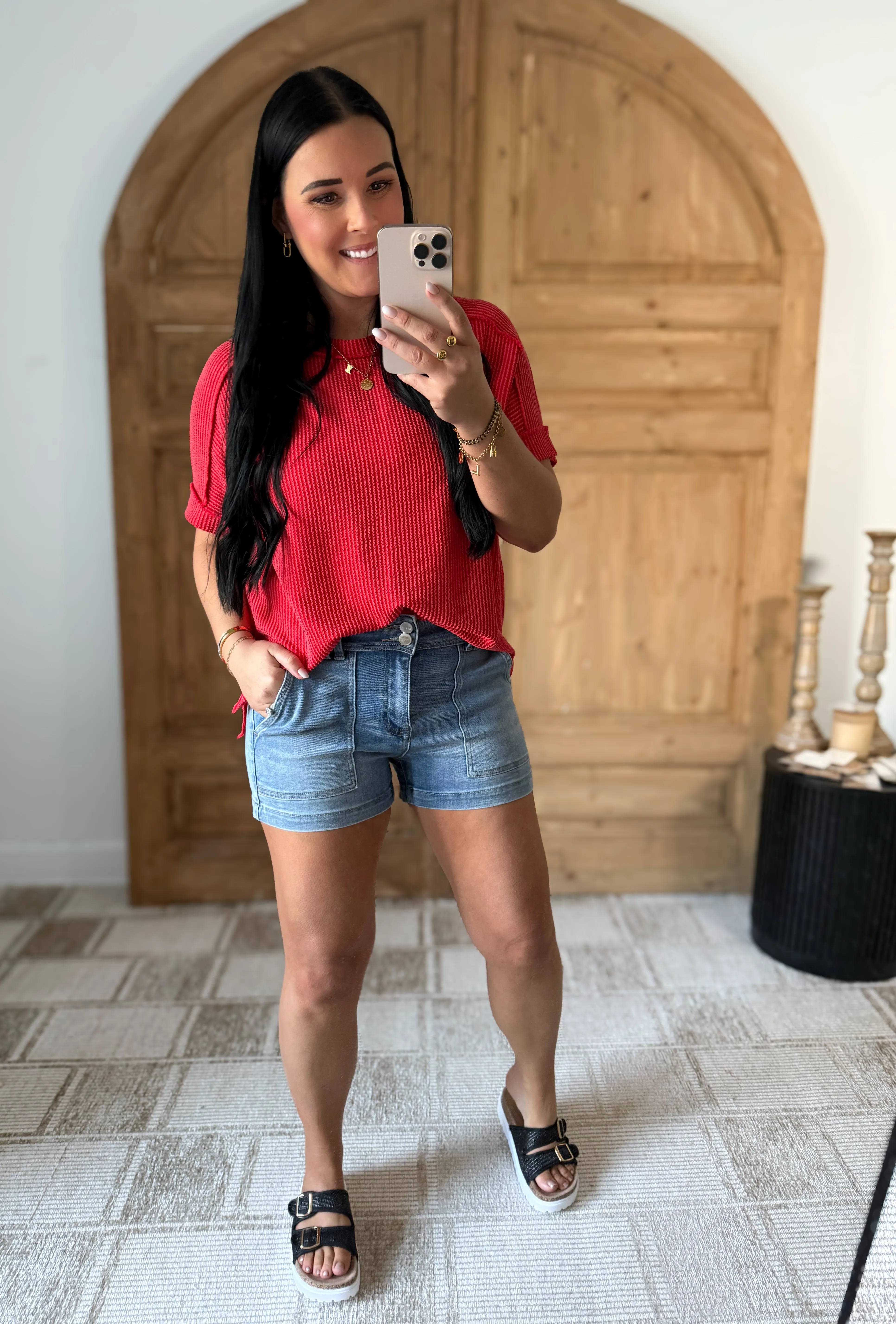 RISEN HIGH RISE PATCHED FRONT POCKET SHORTS LIGHT