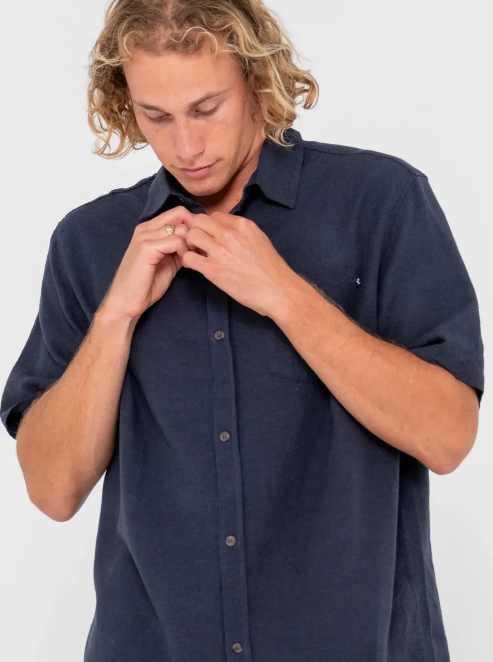 RUSTY Overtone Short Sleeve Shirt - Navy Blue