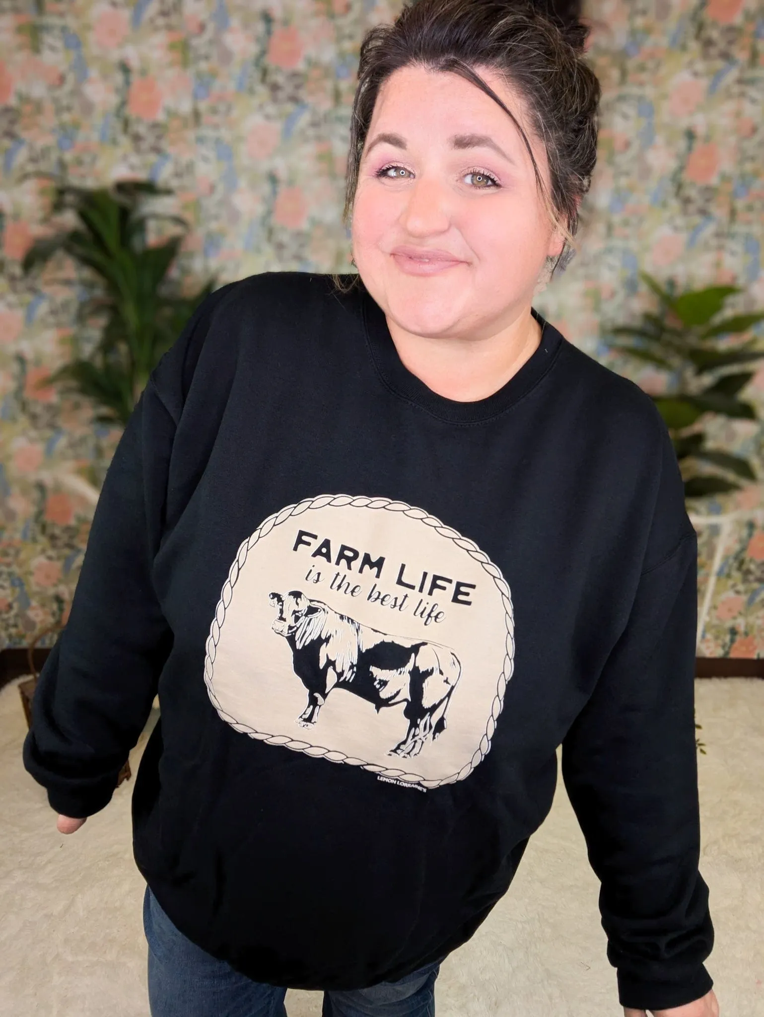 SALE- Farm Life Crewneck Pullover in Black   Taupe