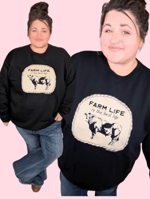 SALE- Farm Life Crewneck Pullover in Black   Taupe