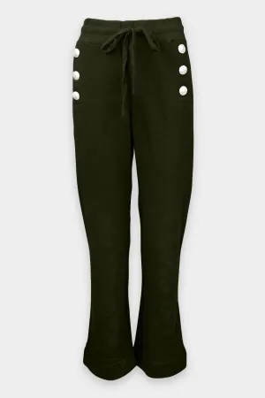 Sian Cropped Flare Sweat Pant with Sailor Buttons in Loden