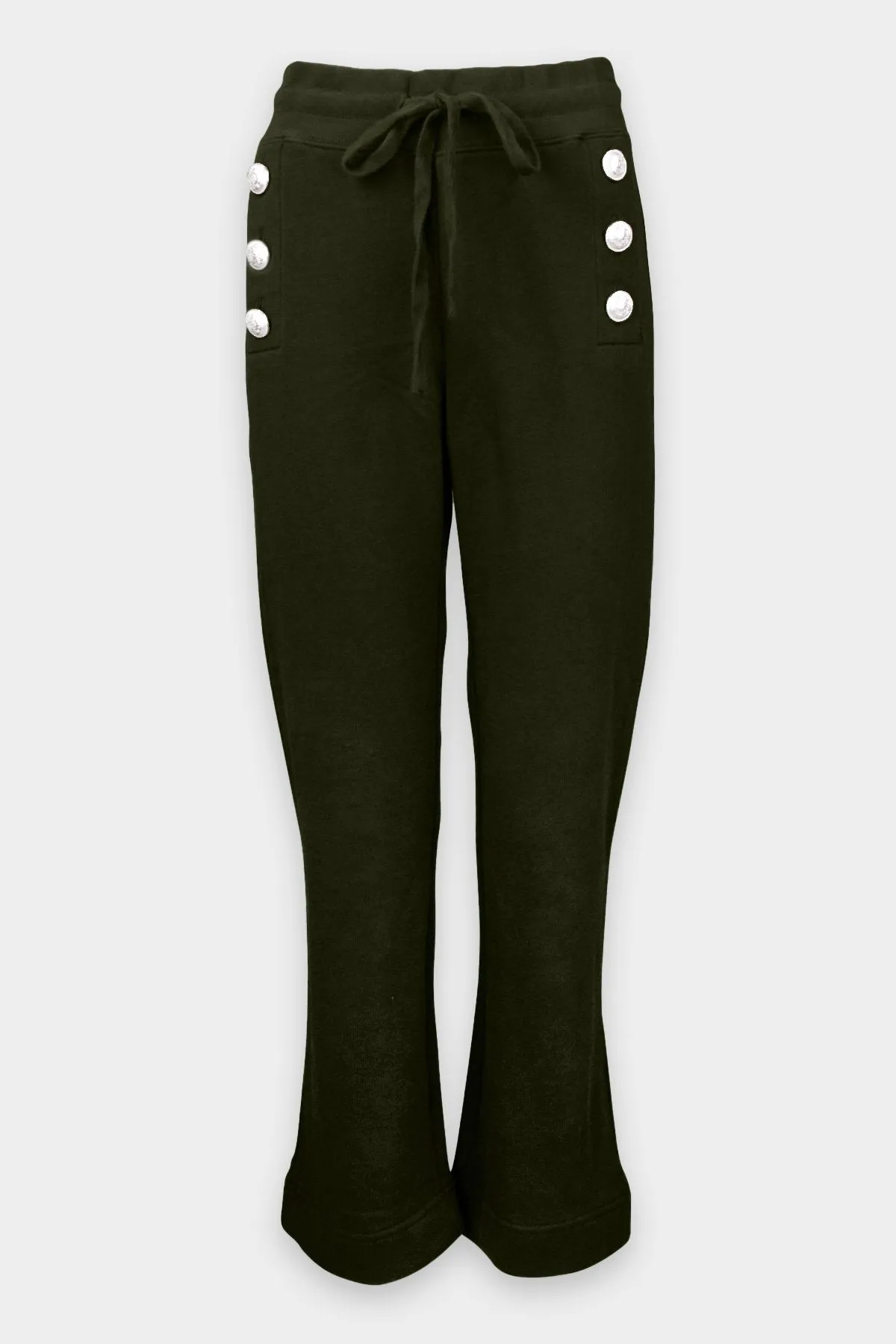 Sian Cropped Flare Sweat Pant with Sailor Buttons in Loden